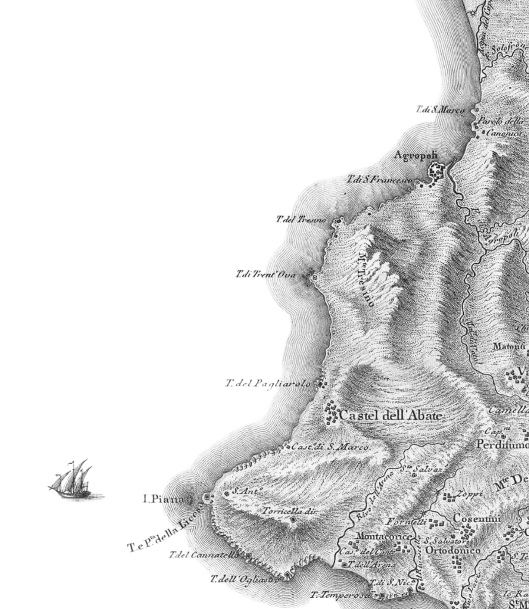 Carta antica con dettagli geografici e nominativi di località e caratteristiche costiere, tra cui Castello dell'Abate e il mare, con una nave in basso a sinistra.