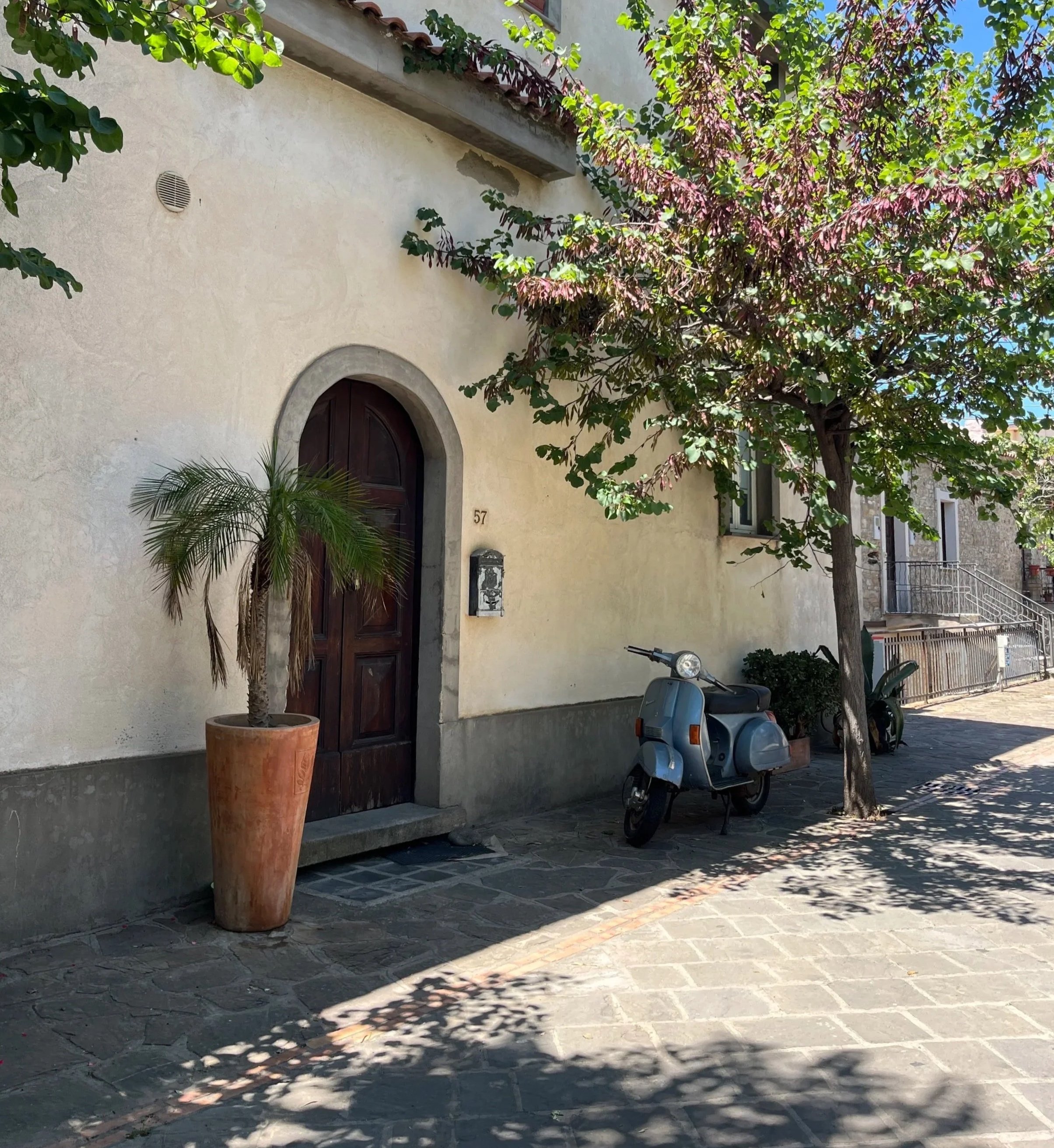Facciata di una casa con porta in legno, una pianta in un vaso, un motorino parcheggiato e un albero con foglie verdi e rosa, strada in pietra e luce solare.