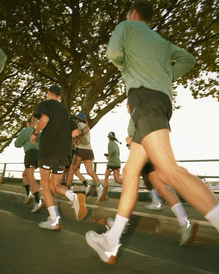 Group of runners on a road, seen from a low angle, with a large tree overhead and a city view in the background.