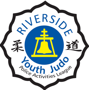 Riverside Youth Judo logo with a blue and yellow emblem featuring a judo figure, surrounded by text and Japanese characters.