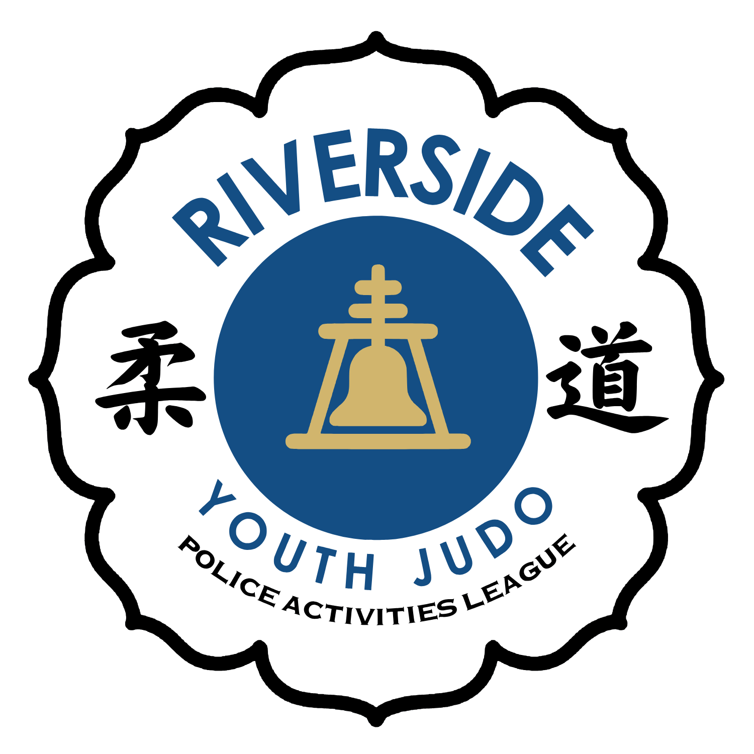 Riverside Youth Judo logo featuring a gold judo gate symbol inside a blue circle, with the words "Riverside" and "Youth Judo" in blue, and Japanese characters on either side, all within a decorative black and white badge outline