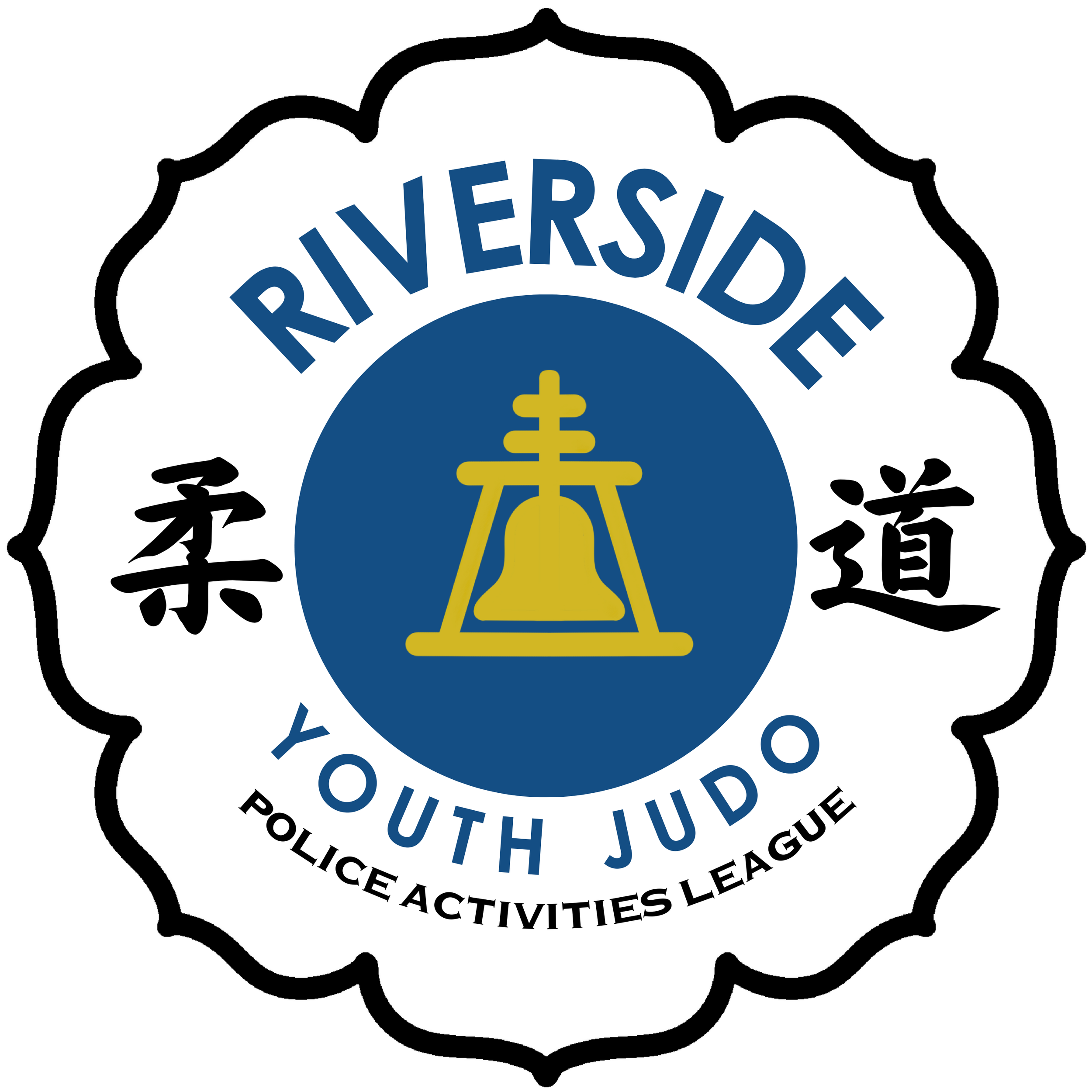 Logo of Riverside Youth Judo, featuring a stylized silhouette of a judo bell in gold within a navy blue circle, with the text 'RIVERSIDE' above, 'YOUTH JUDO' below, and 'POLICE ACTIVITIES LEAGUE' at the bottom, surrounded by a wavy black border and J