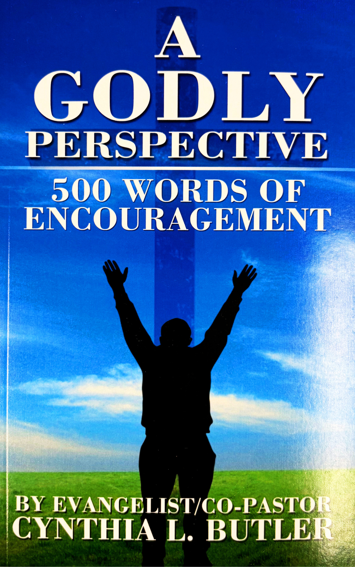 Book cover titled 'A Godly Perspective: 500 Words of Encouragement' by Evangelist/Co-Pastor Cynthia L. Butler. The cover shows a silhouette of a person with raised arms against a grassy field, blue sky with clouds, and a vertical cross in the background.
