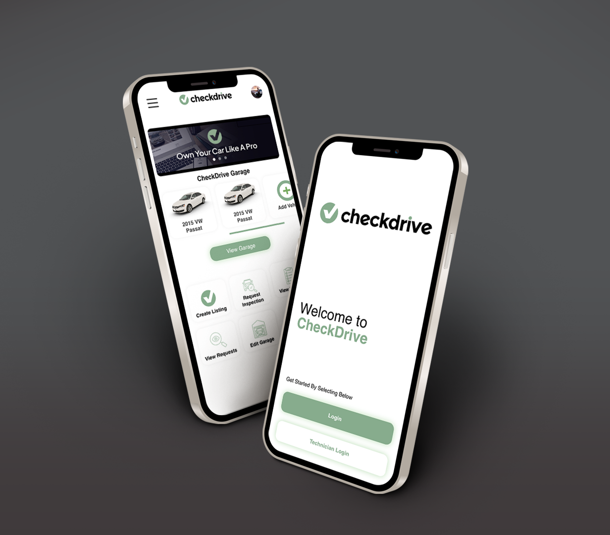 Two smartphones displaying the CheckDrive app interface on a dark background. One screen shows the welcome page with login options, and the other shows the garage management screen with car listings and options to create listings, view requests, and edit garage.