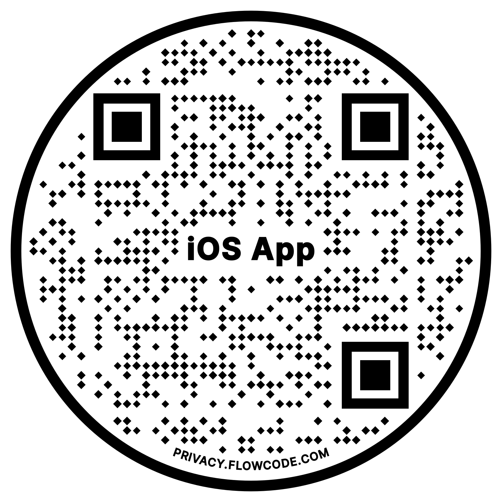 Round black and white QR code with the text 'iOS App' in the center.