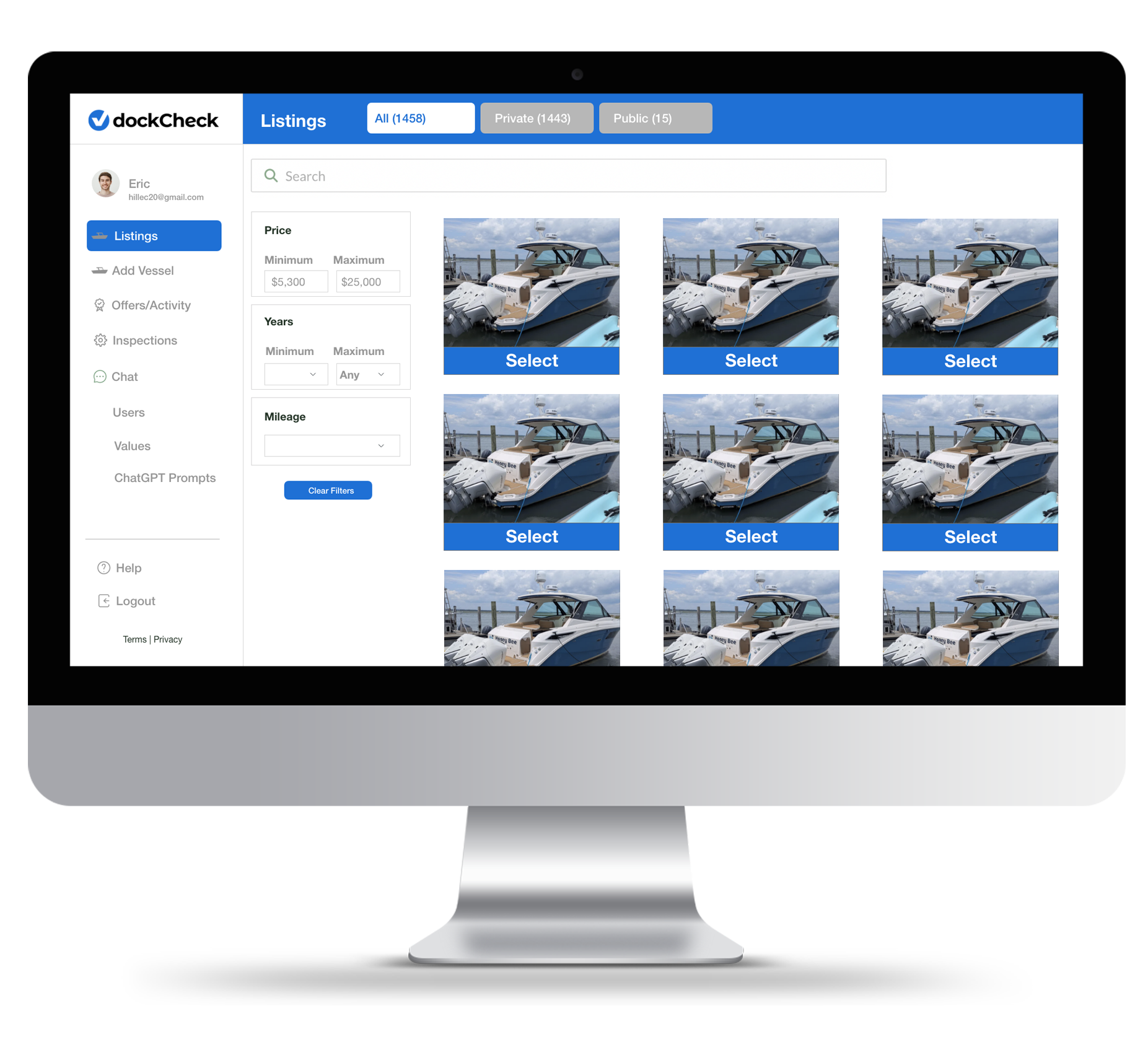 Computer screen displays a boat listing platform named dockCheck, showing multiple images of a boat for sale with a blue select button under each.