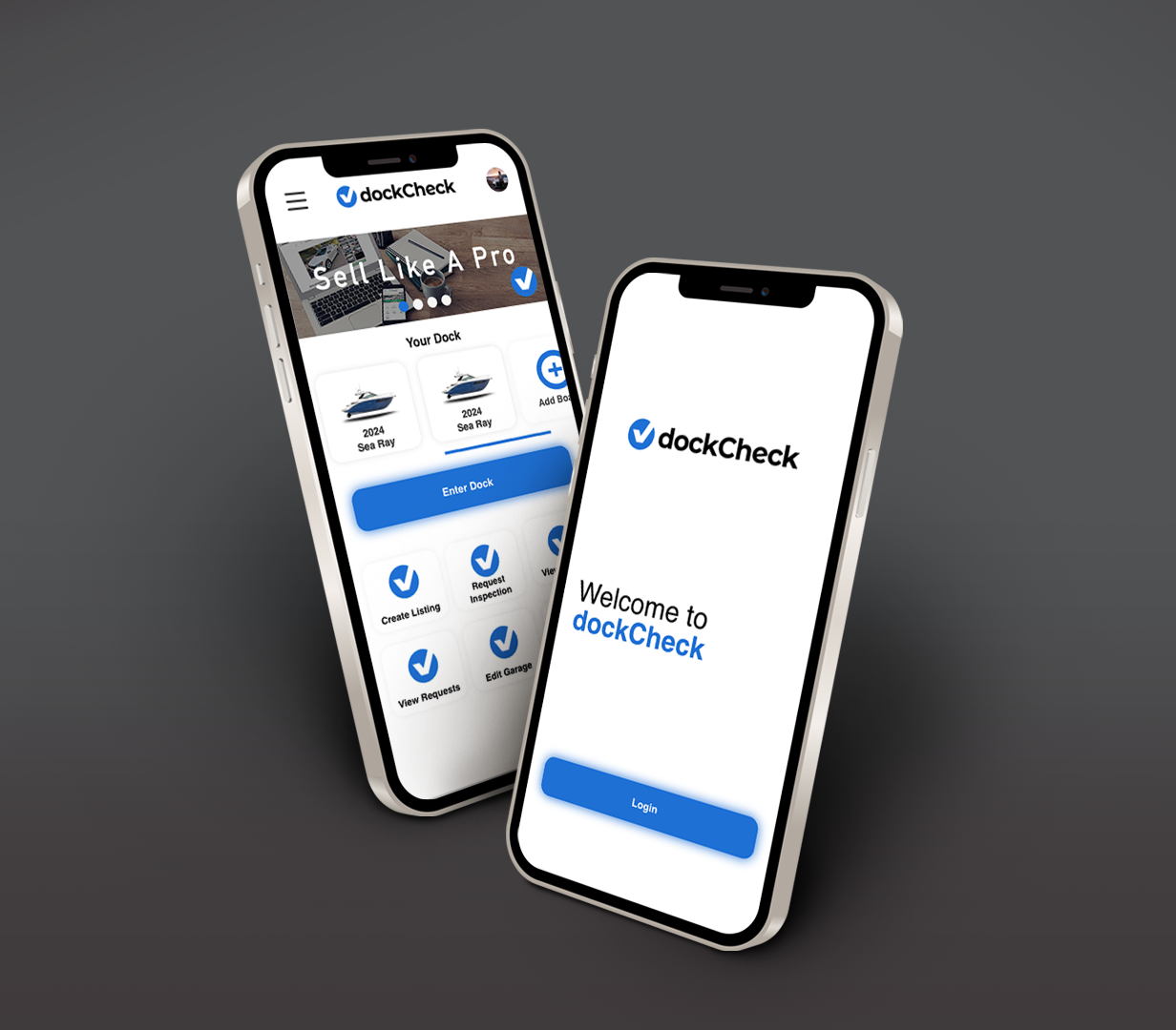 Two smartphones display the dockCheck app interface, with the left phone showing the main dashboard and the right phone showing the login screen, both featuring a blue and white color scheme.