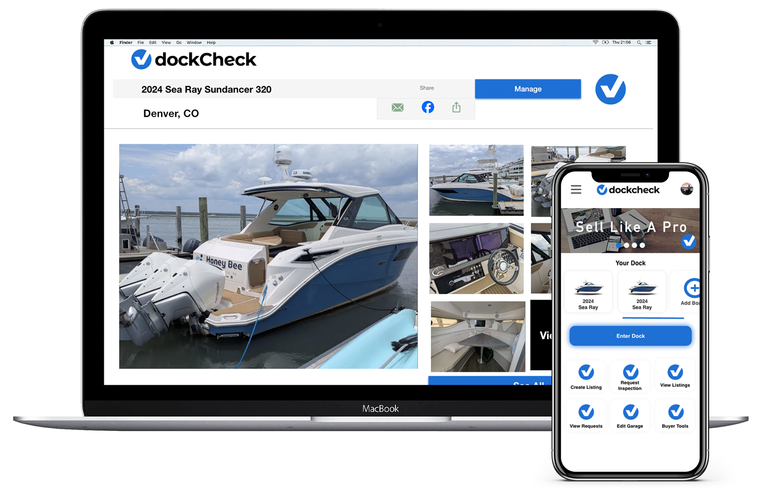 A MacBook displaying a boat sales website called dockCheck with multiple images of a boat named Honey Bee, and an iPhone showing dockCheck app interface with options to sell, manage, and view boat listings.