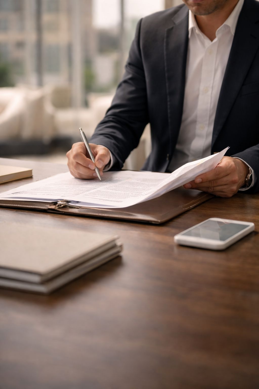 A man in a business suit sitting at a desk, reviewing documents, with a smartphone and notebooks on the desk in a modern office.