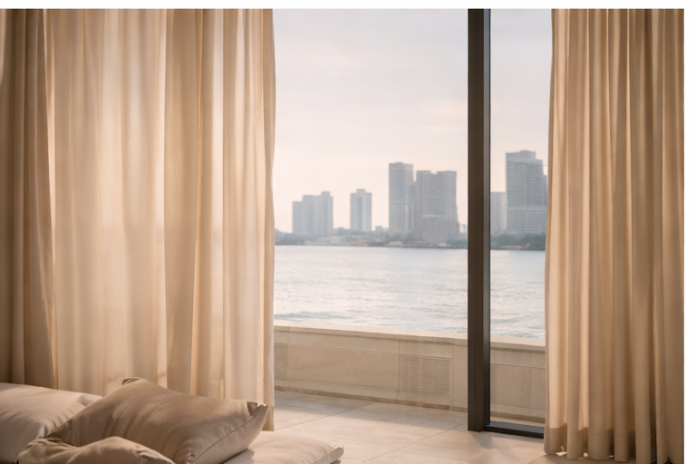 View of a city skyline across a river seen through open beige curtains from inside a room with a bed.