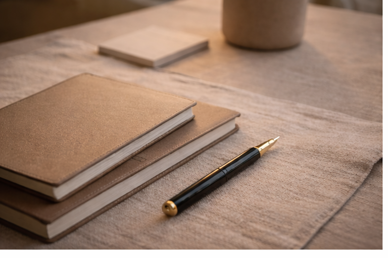 Three stacked notebooks with beige covers, a black and gold pen, a small white notepad, and a ceramic cup on a wooden table.