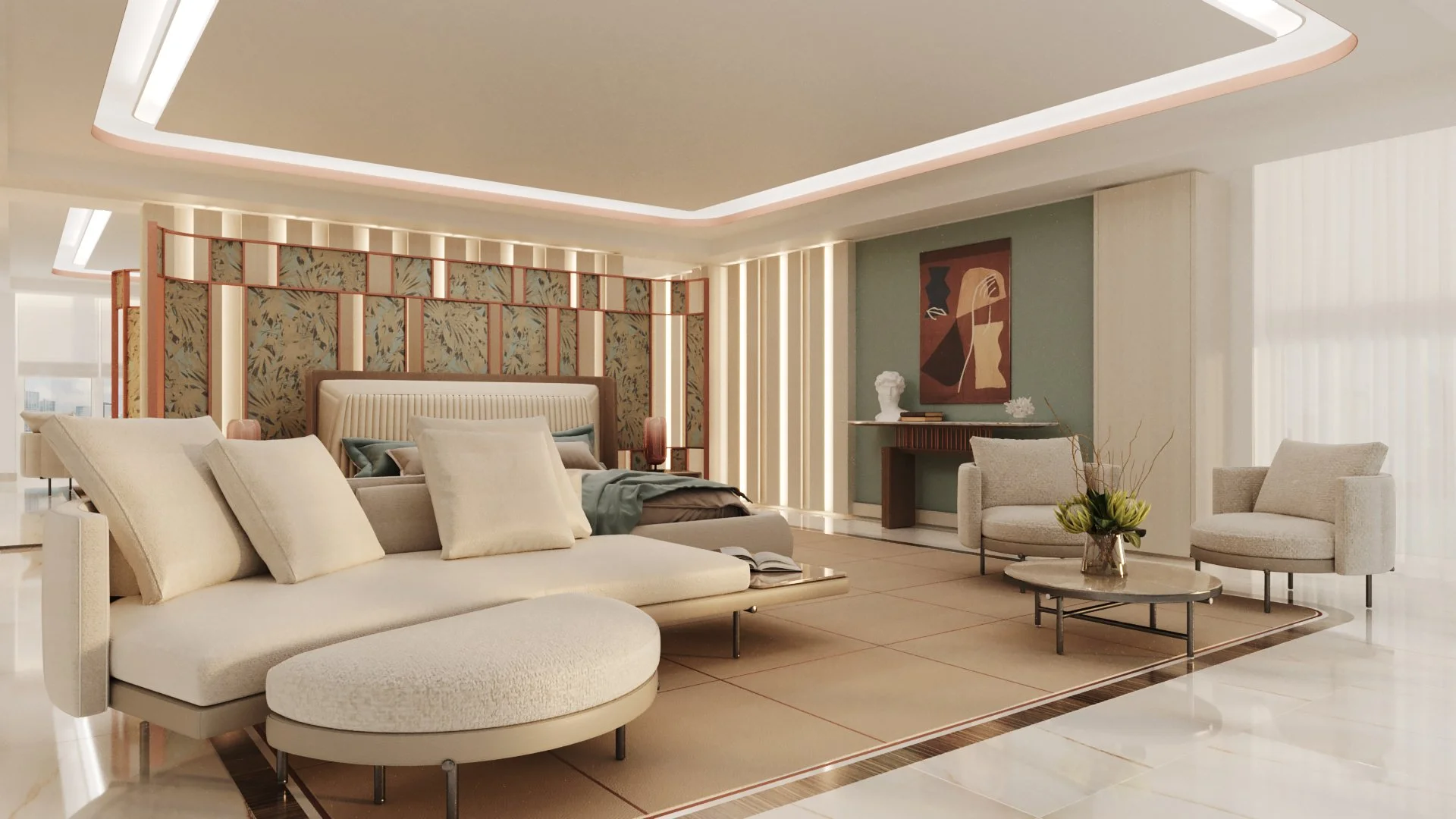 Modern living room with beige sofa, armchairs, a coffee table with a floral arrangement, art on the wall, and elegant decor.