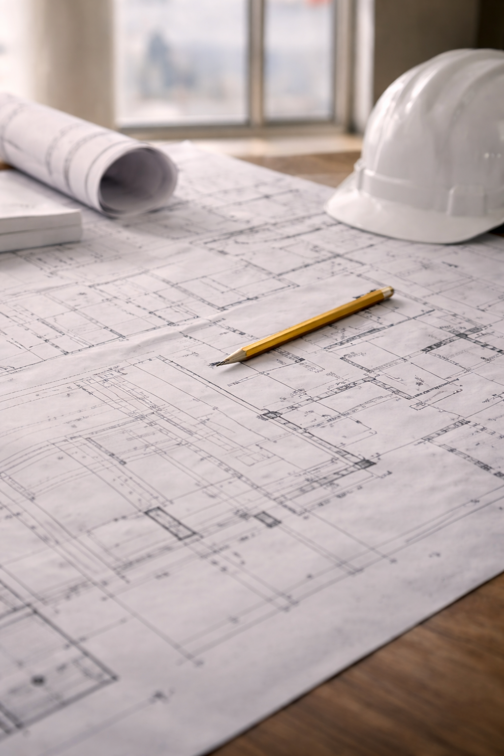 Blueprints, a yellow pencil, and a white construction helmet on a wooden table near a window.