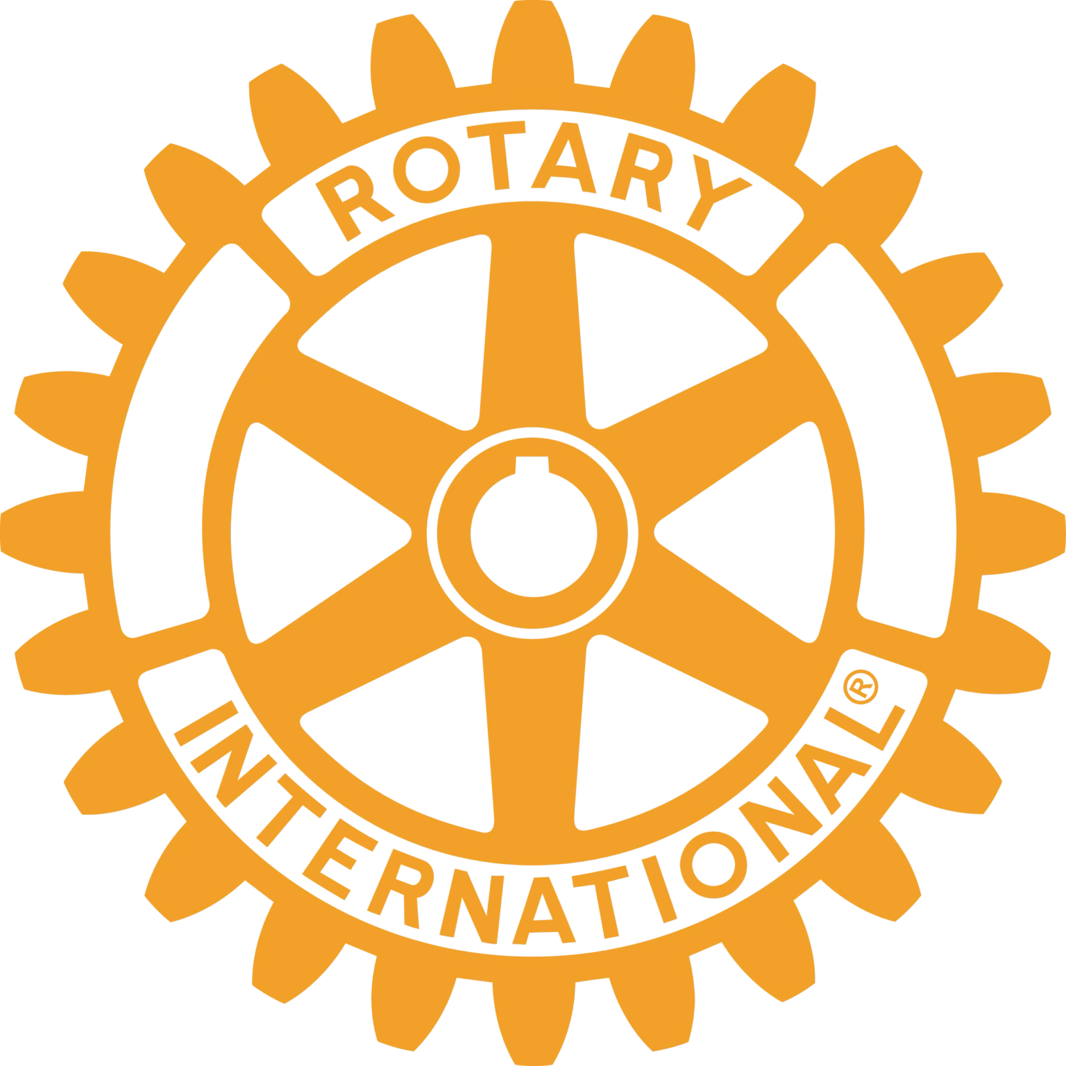 Logotipo del Rotary International con engranaje dorado, letras negras y fondo transparente.