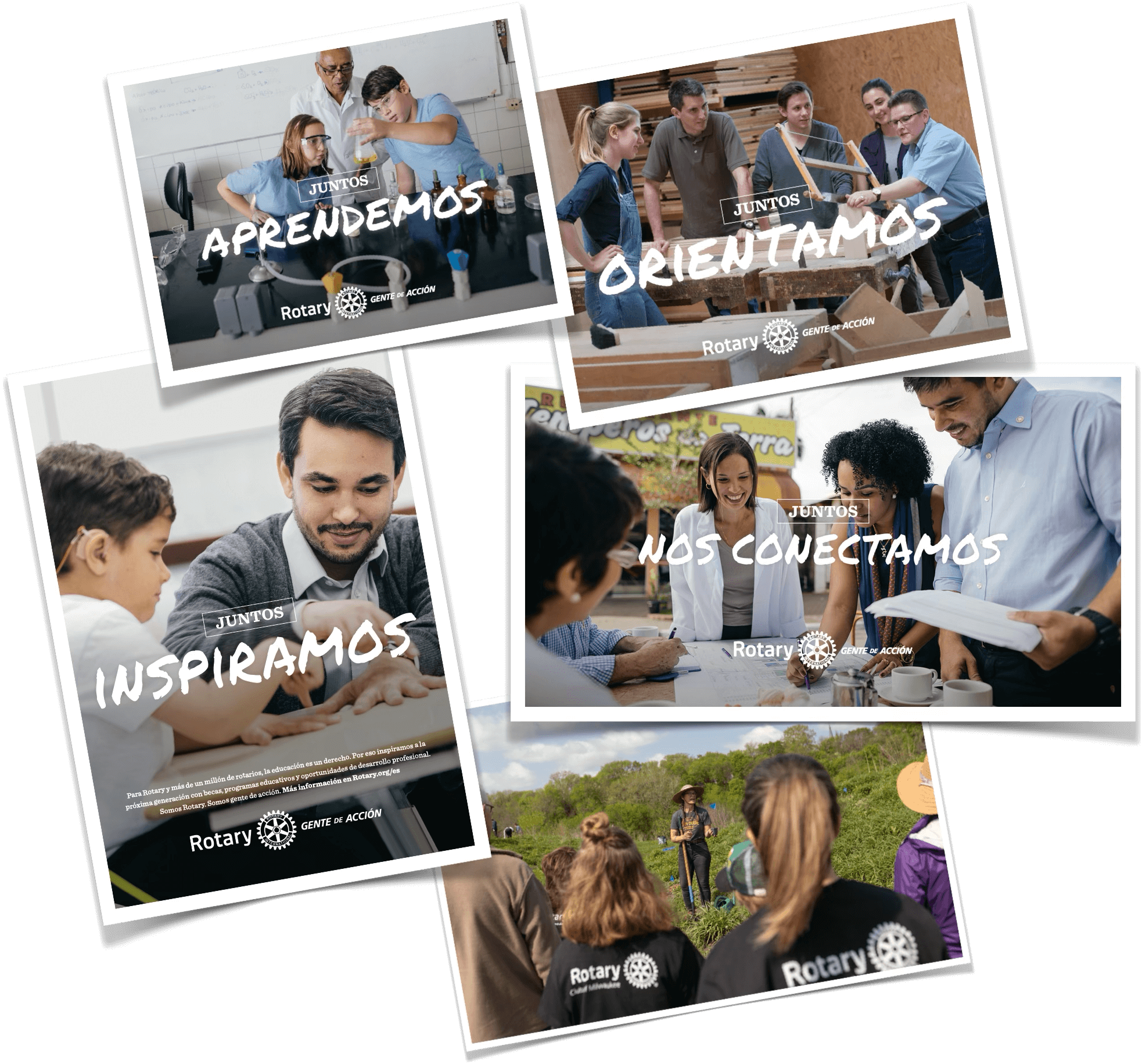 Fotografías de actividades del Rotary: personas aprendiendo en un laboratorio, trabajando en carpintería, interactuando y conectándose en reuniones comunitarias y participando en actividades al aire libre, con textos que dicen "Juntos aprendemos," "Juntos orientamos," "Juntos inspiramos" y "Juntos nos conectamos".