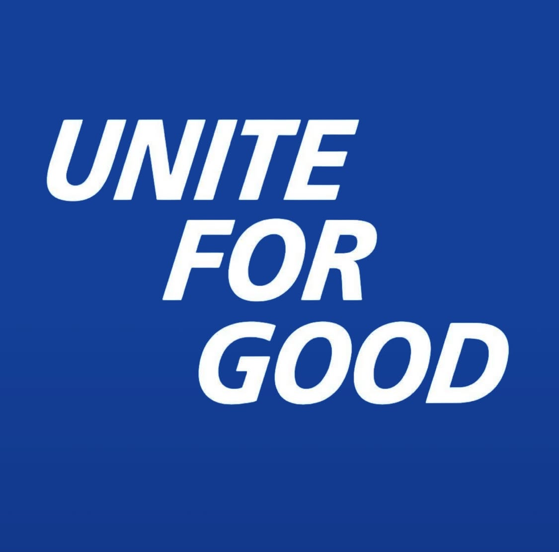 Logotipo con el texto "Unite for Good" en letras blancas sobre fondo azul.
