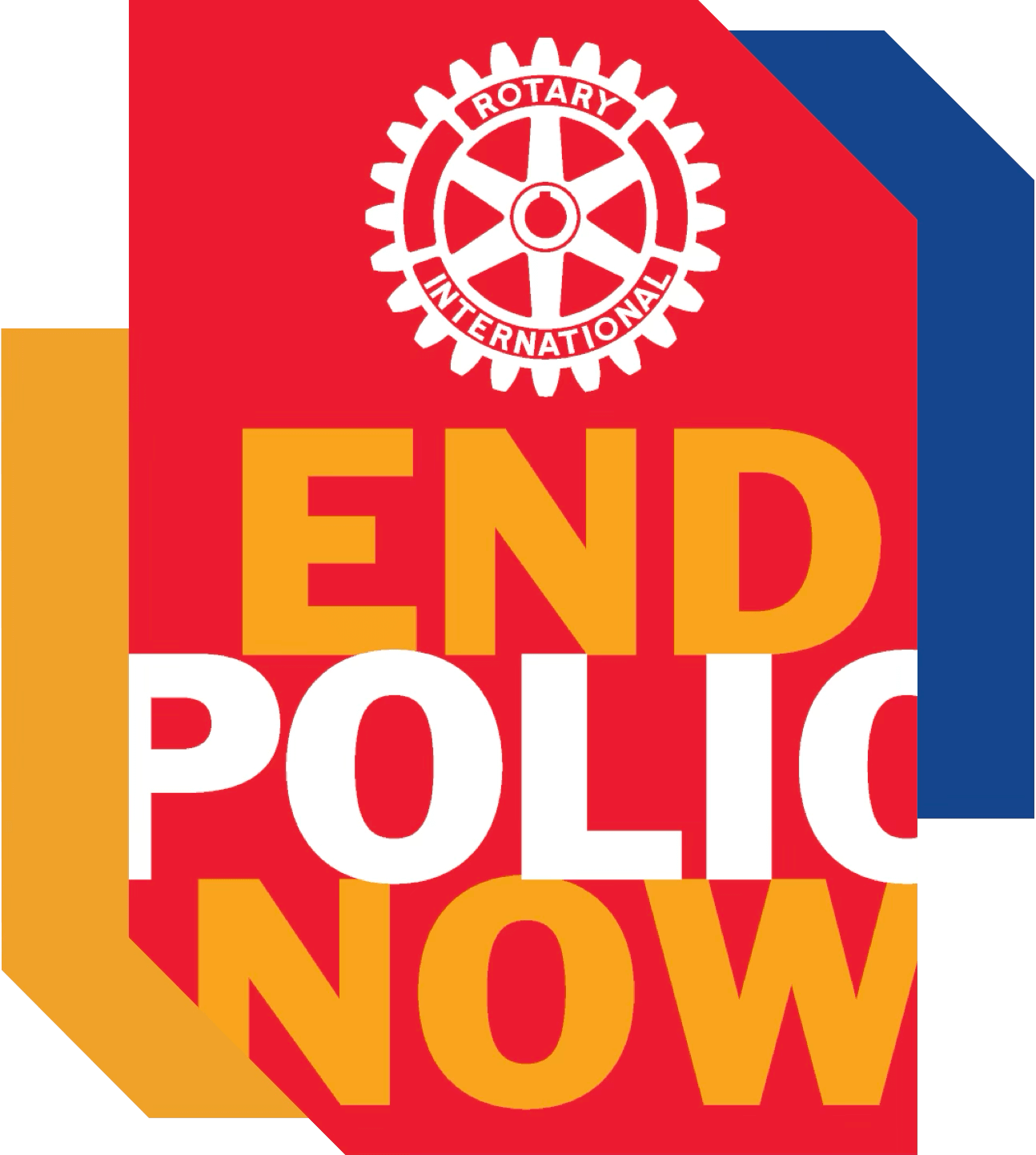 Póster con logotipo de Rotary International y texto en colores naranja, blanco y amarillo que dice 'End Polio Now'
