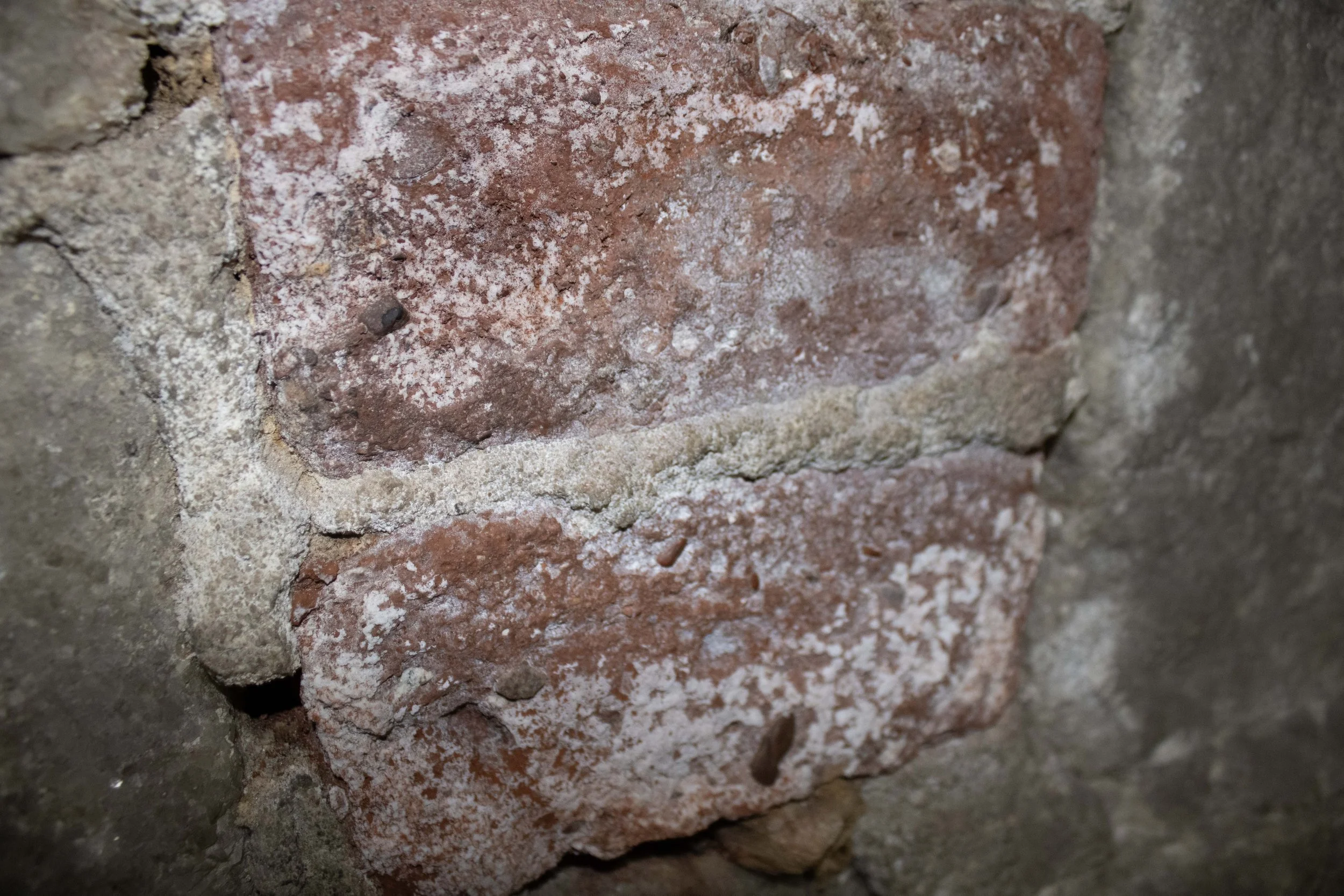 Close up of efflorescence (salt build up) on brick repair within marble wall.