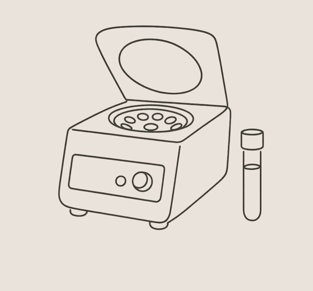 Line drawing of laboratory equipment including a centrifuge with a lid open, and a test tube filled with liquid standing next to it.