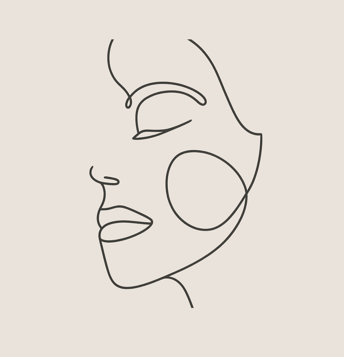 Line drawing of a woman's face in profile, with closed eyes and hair, on a light background.