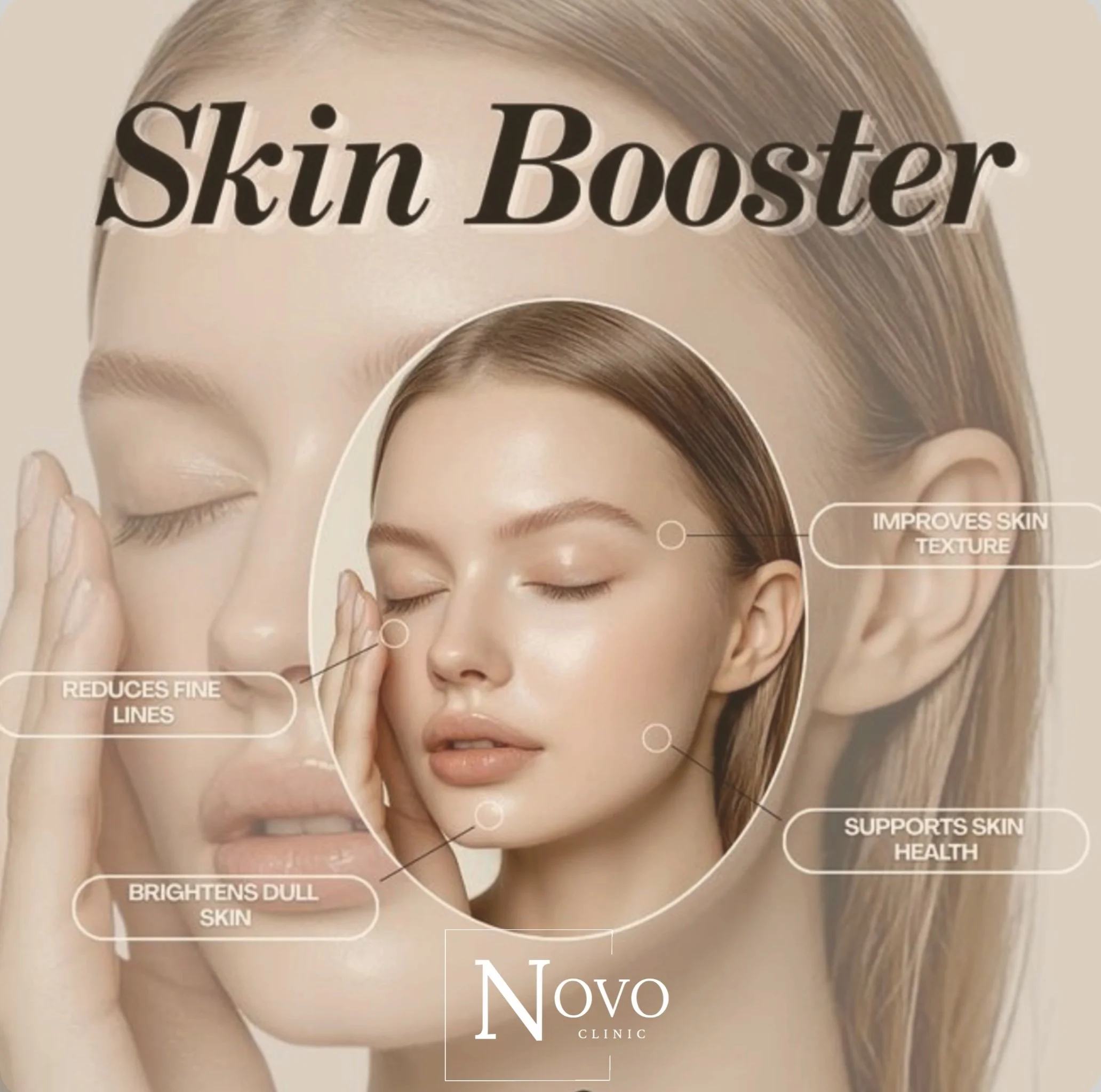 Advertisement for a skin booster from Novo Clinic featuring a woman with glowing skin and various benefits of the product such as improving skin texture, reducing fine lines, brightening dull skin, and supporting skin health.