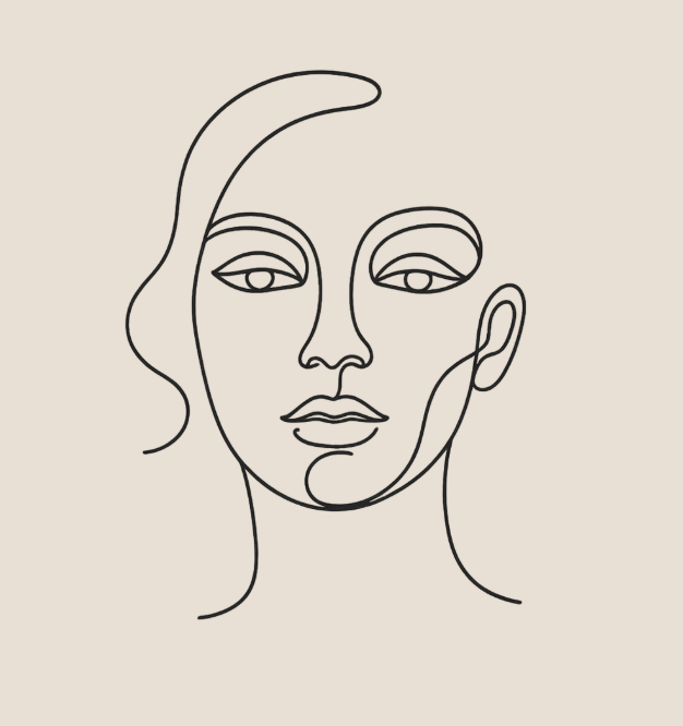 Line art drawing of a woman's face with wavy hair and closed eyes on a light beige background.