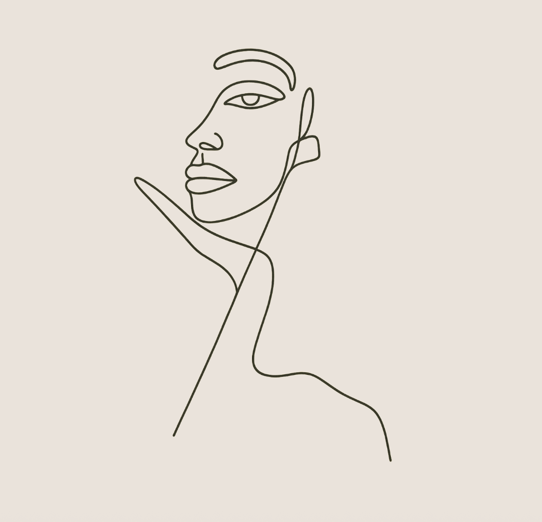 Line drawing of a woman's face with hand resting under chin on a beige background.