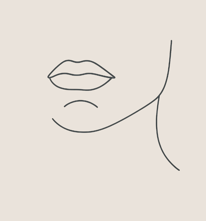 Minimalist line drawing of a woman's lips and jawline on a beige background.