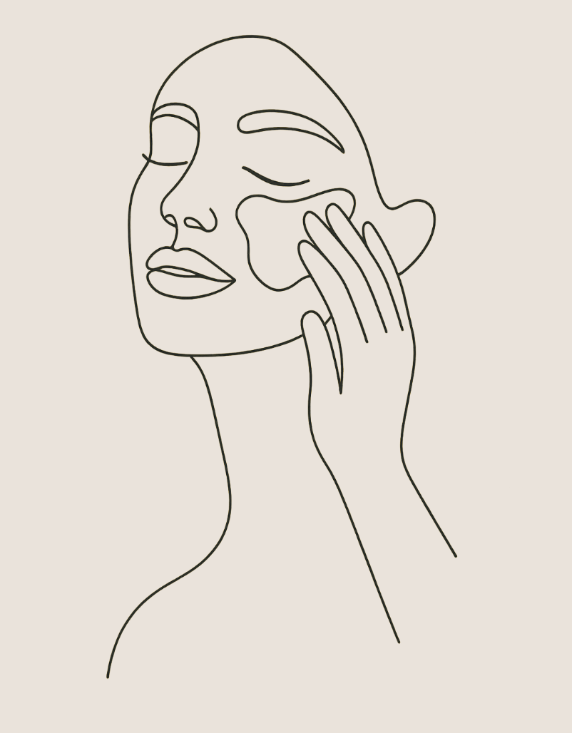 Minimalist line drawing of a woman with closed eyes applying skincare to her cheek.