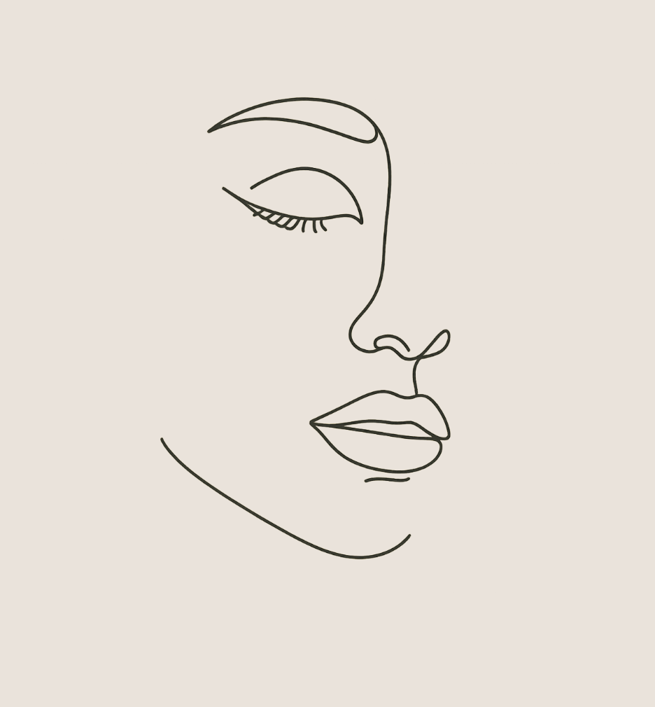 Minimalist line drawing of a person's face in profile with closed eyes, eyebrows, nose, and lips on a light background.