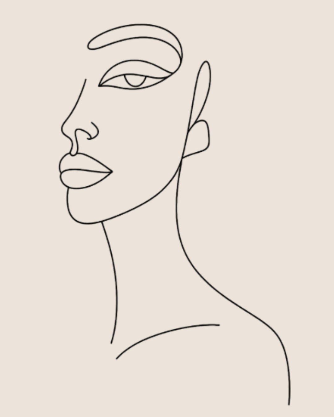 Minimalist line drawing of a woman's face and shoulder in profile, with abstract features and soft neutral background.