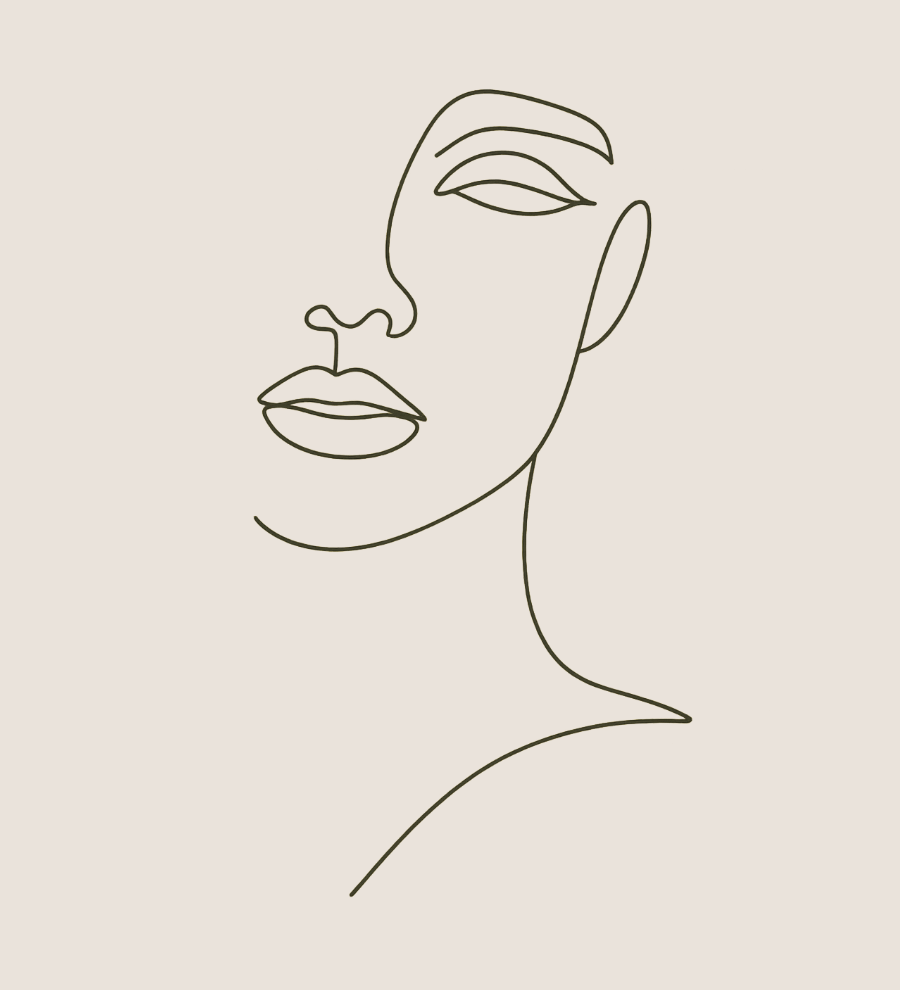 Minimalist line drawing of a woman's face with closed eyes, lips, nose, and shoulder on a beige background.