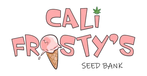Graphic design of the words 'Cali Frosty's' in pink and black, with an ice cream cone and a small cannabis leaf.
