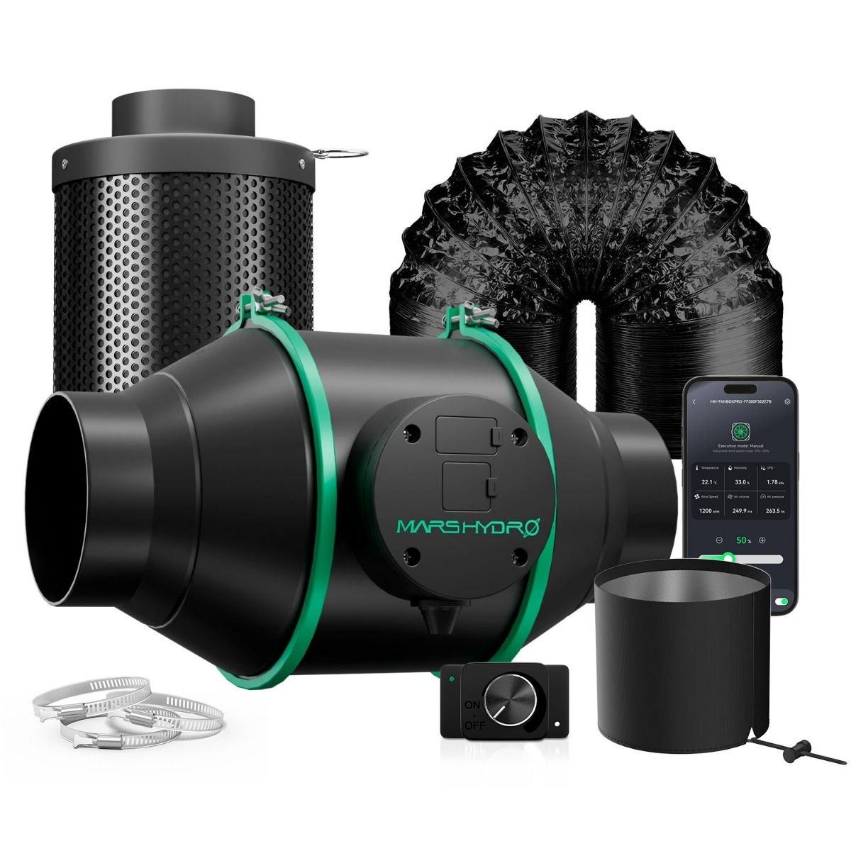 2025 Mars Hydro iFresh 4 Inch Inline Duct Fan and Refillable Carbon Filter Combo with Speed Controller