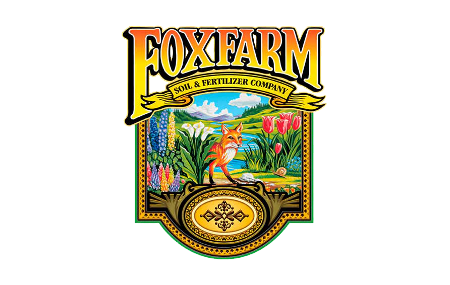 Label for Foxfarm Soil & Fertilizer Company featuring a landscape with flowers, a fox, a lake, and mountains