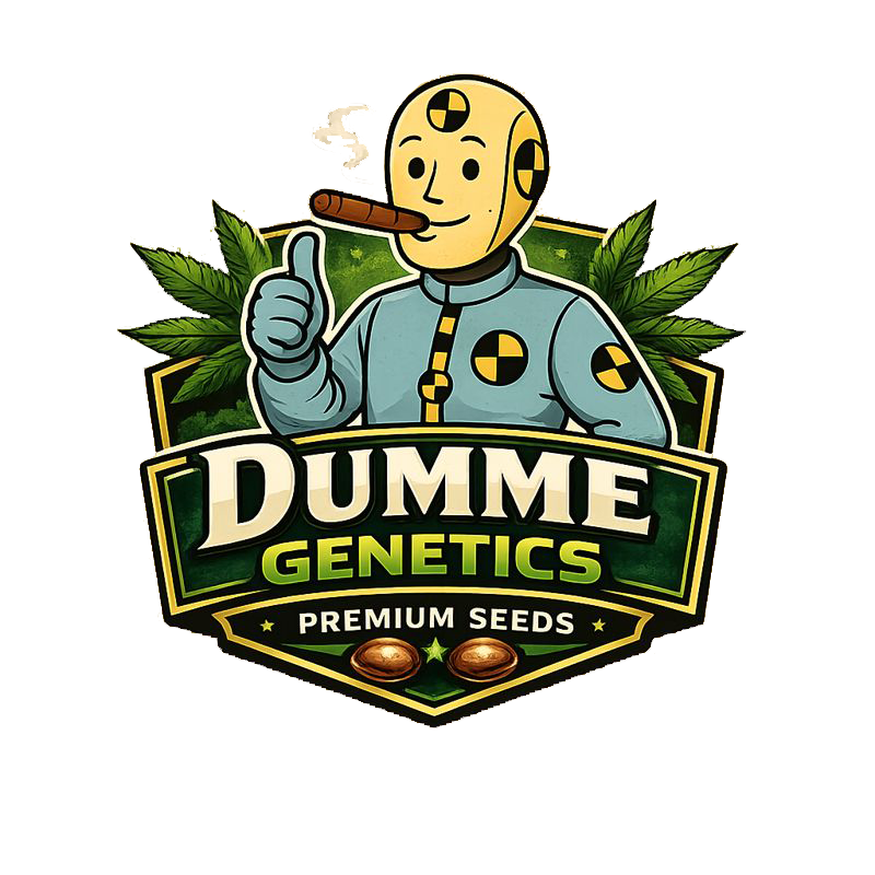 Cartoon character with a monocle and cigar giving a thumbs up, surrounded by cannabis leaves, with the text "DummE Genetics Premium Seeds".