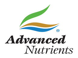 Logo for Advanced Nutrients with three stylized curved lines in green, brown, and blue above the company name.