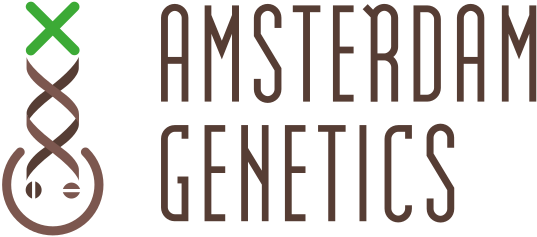 Logo of Amsterdam Genetics featuring a stylized DNA helix with a green X on top and the text 'AMSTERDAM GENETICS' in dark brown.