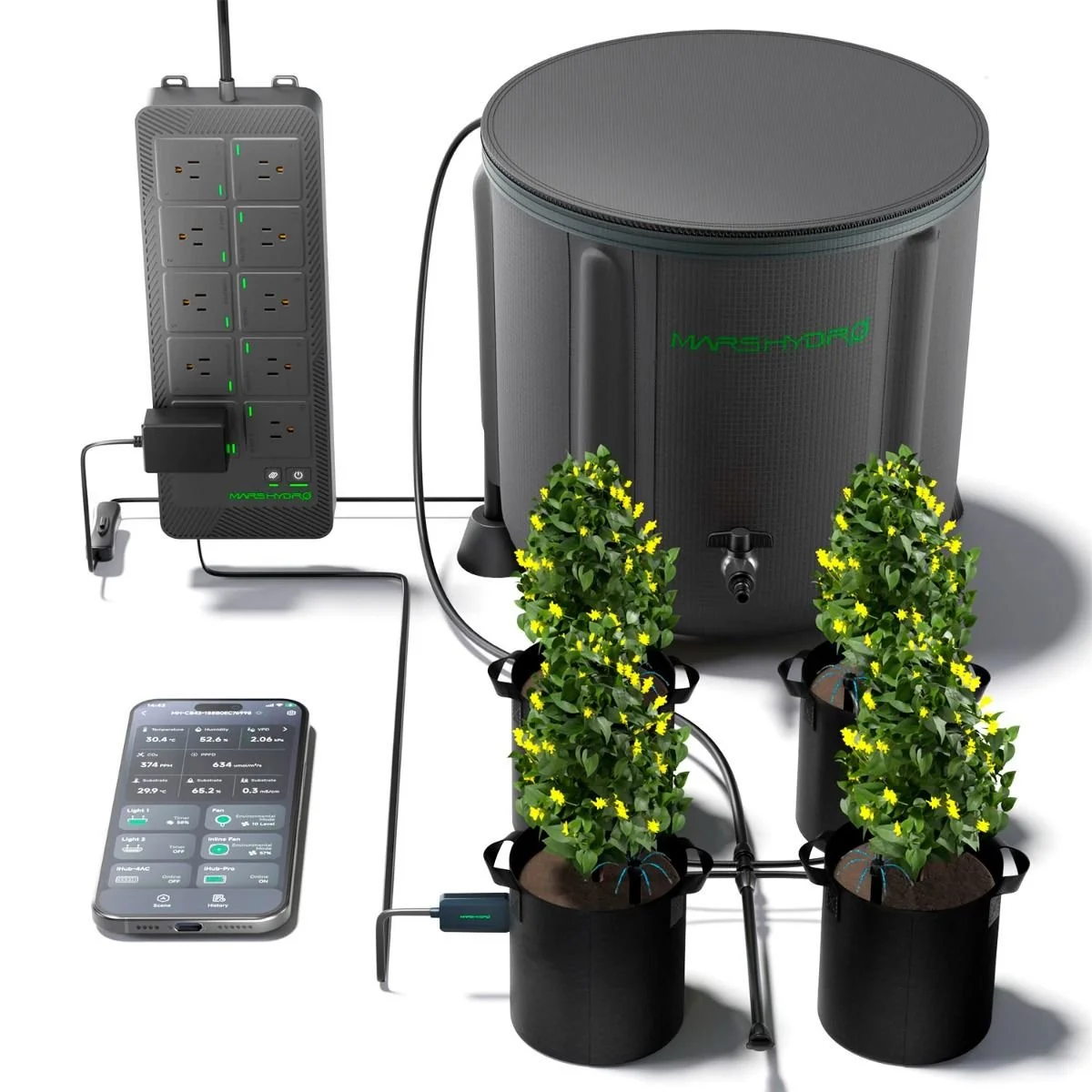 [Smart Watering Control]Mars Hydro 50L Foldable Bucket Drip Irrigation System with iHub Pro Smart Power Strip