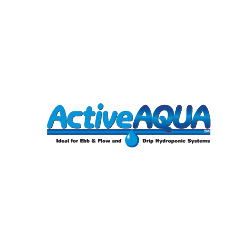 Logo for ActiveAqua featuring blue and white text with a water droplet, indicating it's ideal for ebb and flow drip hydroponic systems.