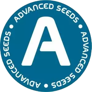 Close-up of a blue circular logo with the letter 'A' in the center, surrounded by the words 'Advanced Seeds' repeated around the circle.