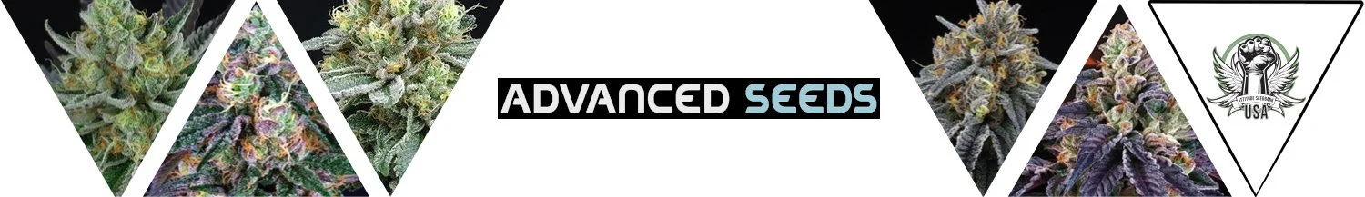 Banner for Advanced Seeds with images of cannabis buds and a logo featuring a raised fist and wings.