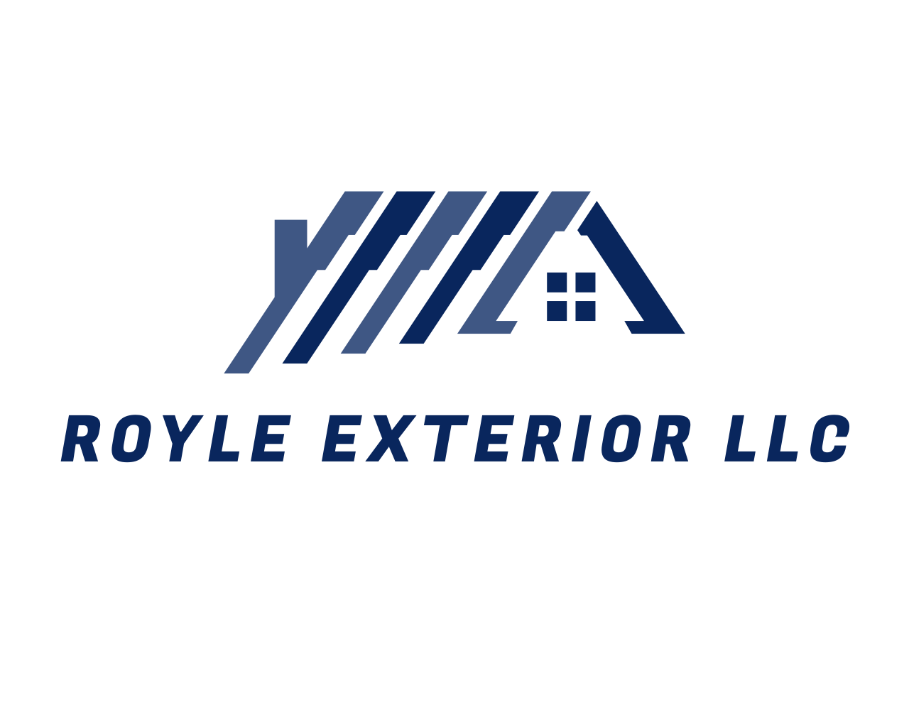 Logo for Royle Exterior LLC featuring stylized house with roof and window, with company name beneath in navy blue text.