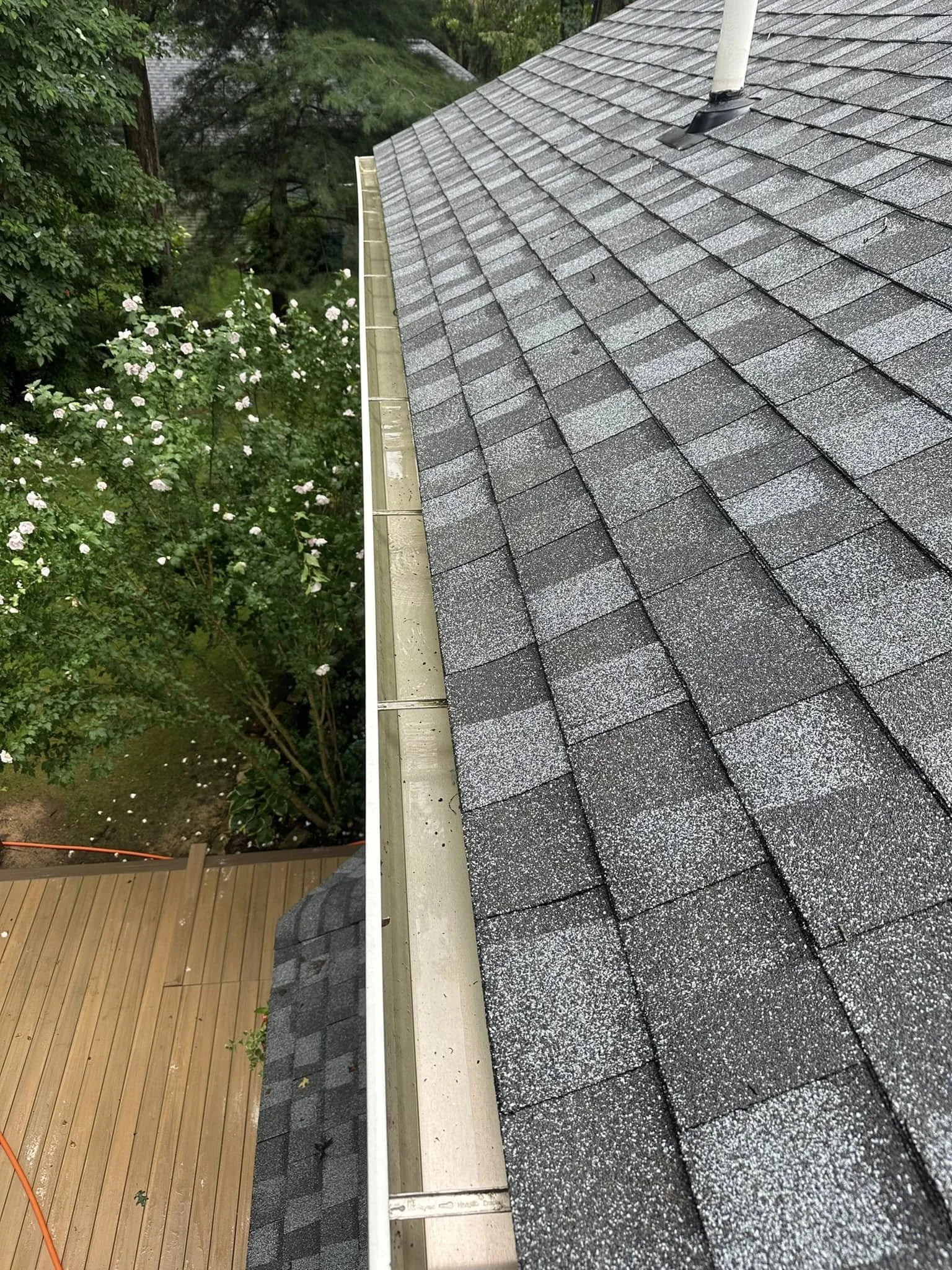 View of a roof with dark gray asphalt shingles, showing a section of the gutter and a downspout, with trees and a wooden deck visible below.