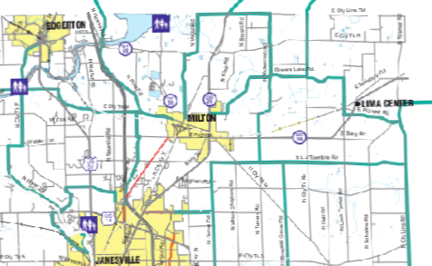 Map of Rock County, WI, with the location of Lima Center.
