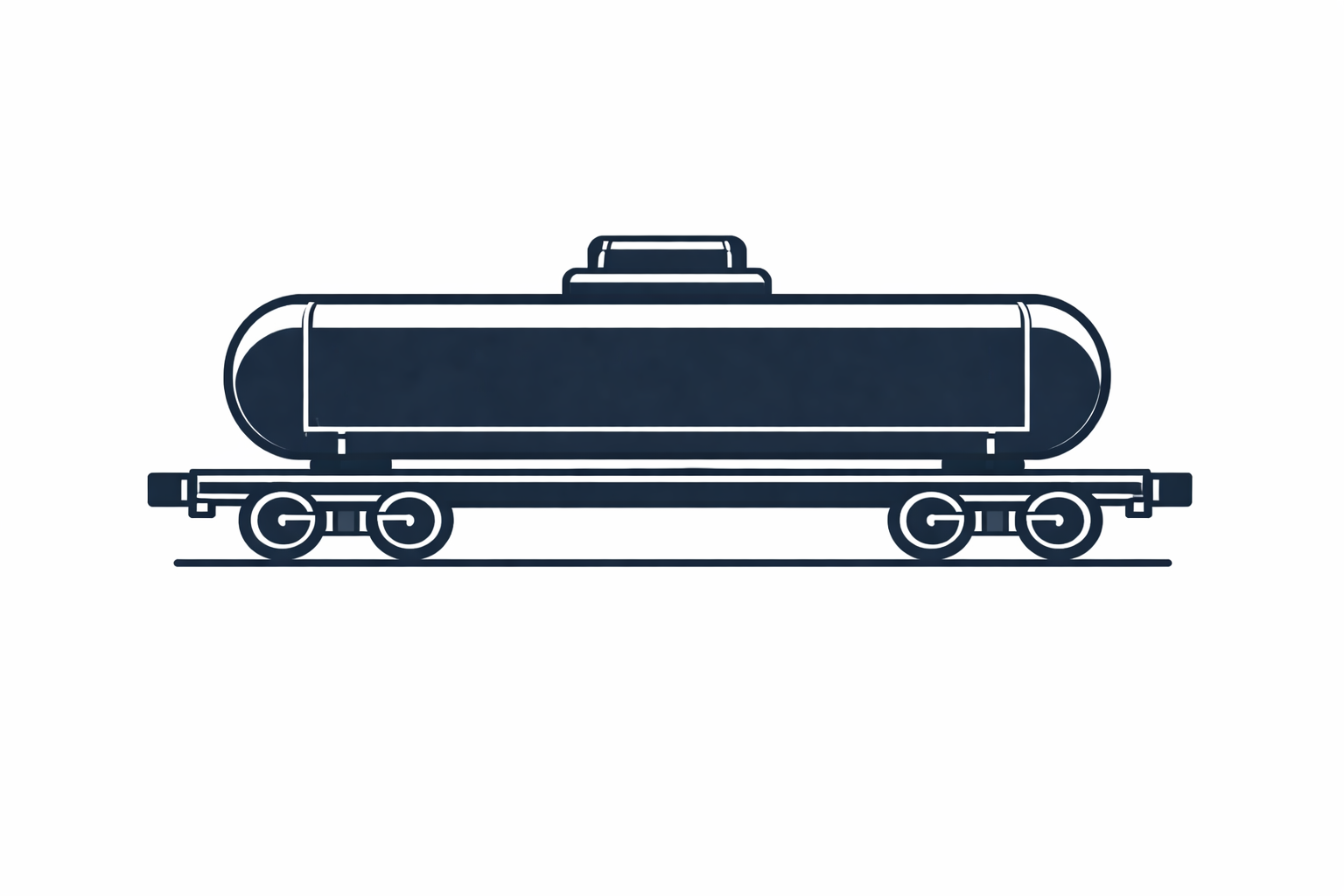 Illustration of a dark blue train tanker car with a cylindrical shape on train tracks.
