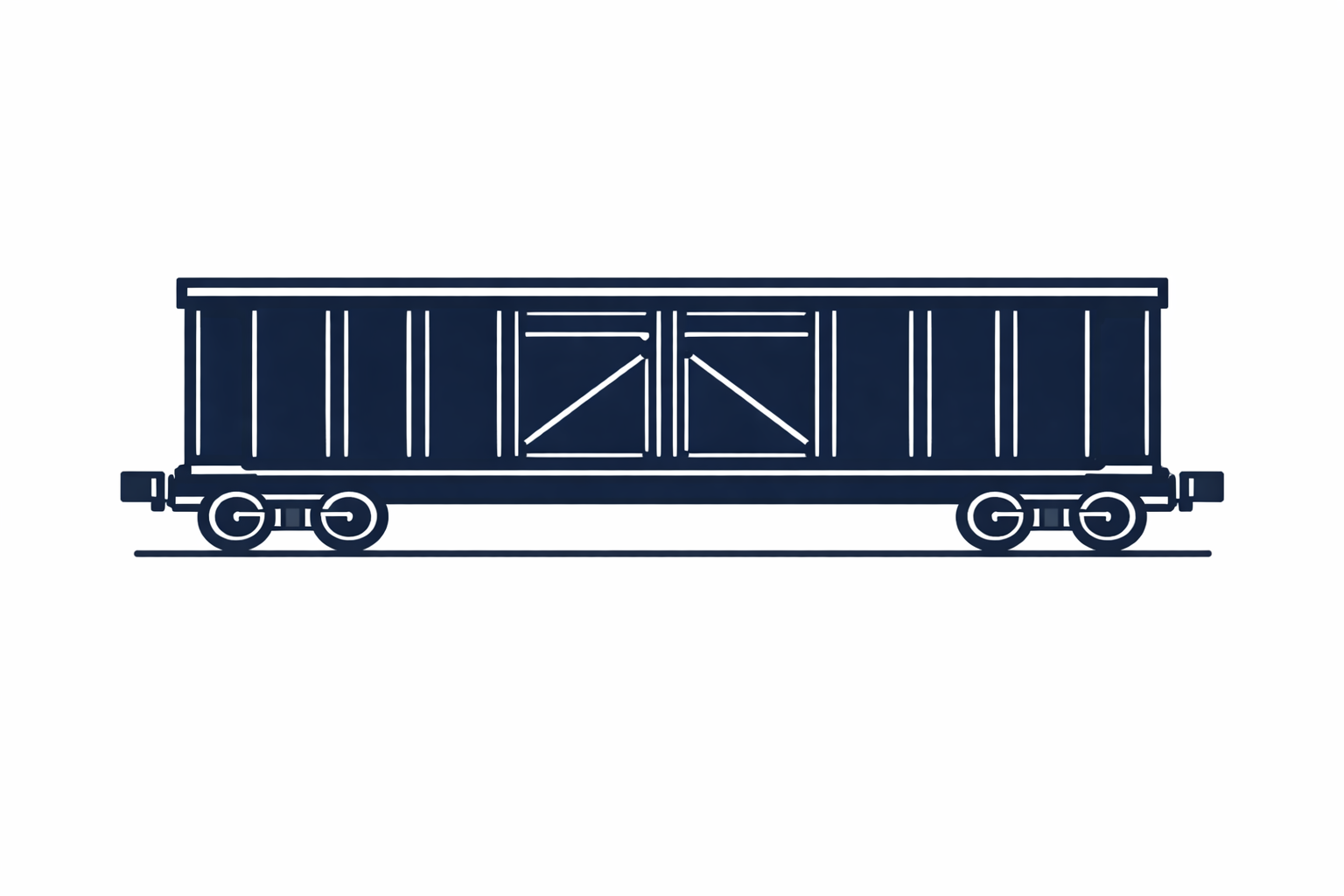 Line drawing of a vintage freight train car in dark blue on a white background.