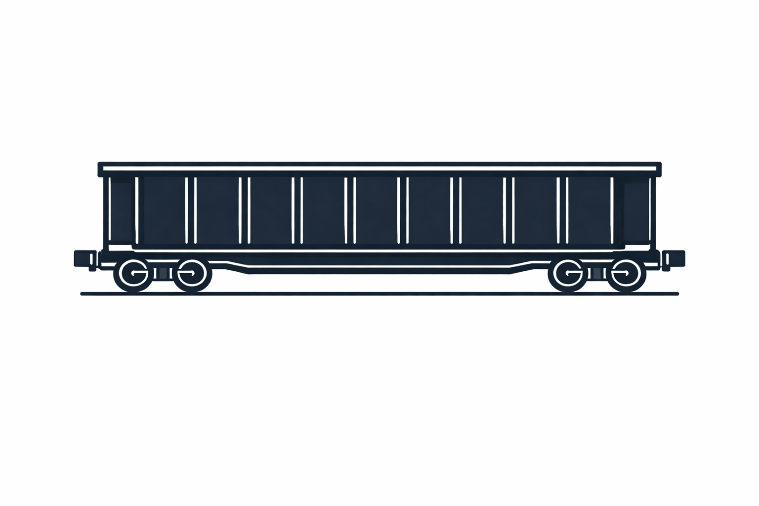 A digital line drawing of a train gondola car on tracks, in a simplified style with dark blue and white lines.
