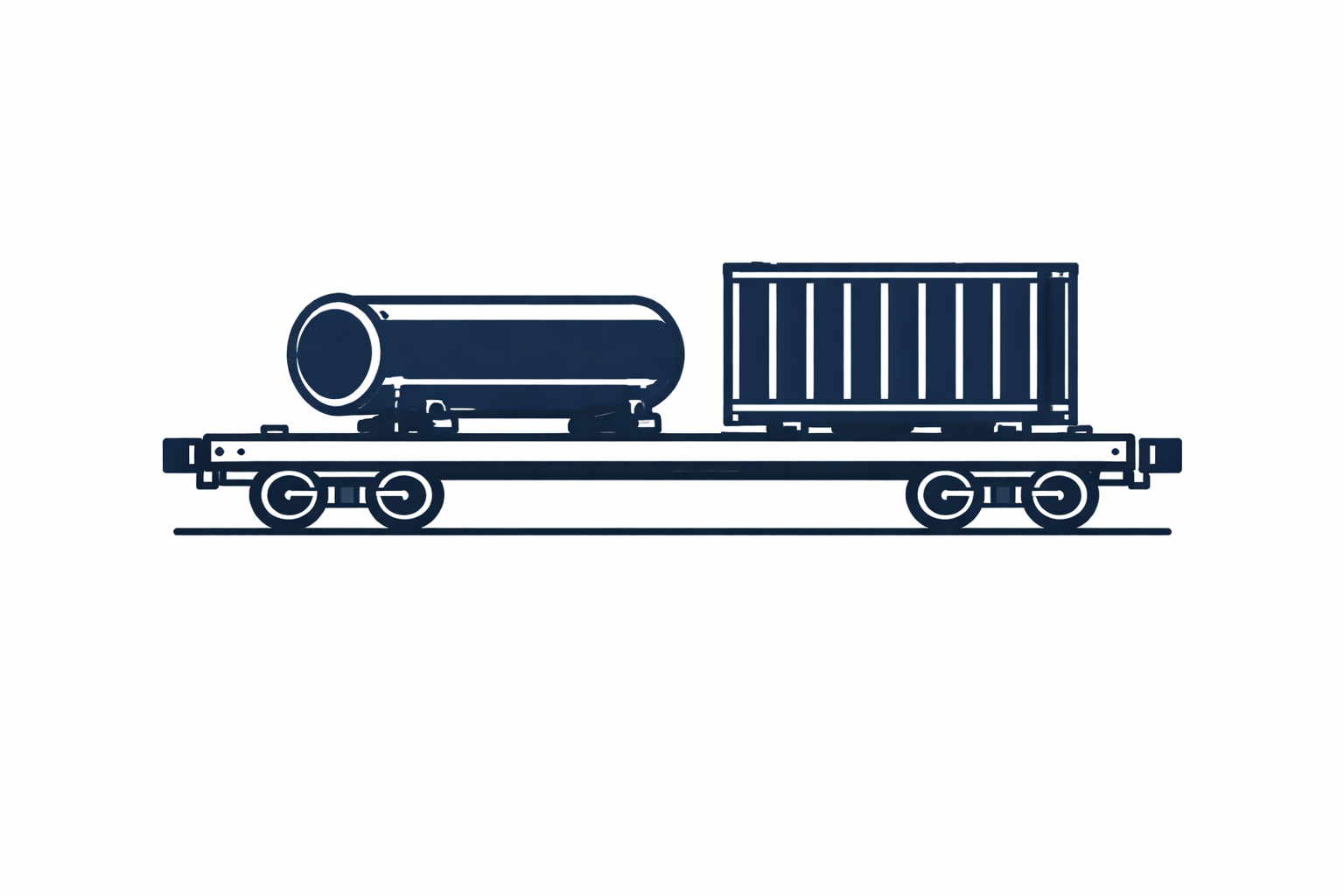 Line drawing of a train flatbed car with a cylindrical tank and a rectangular cargo container.