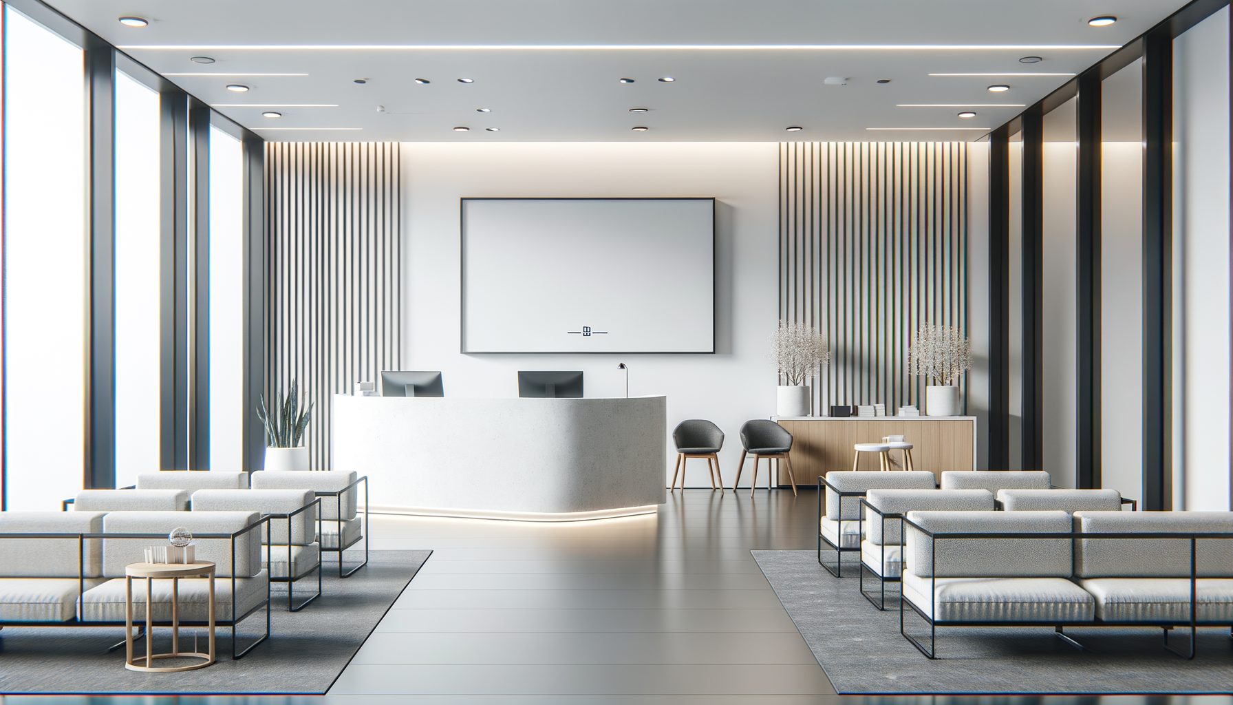 Modern hospital or clinic waiting area with seating, reception desk, and large display screen.